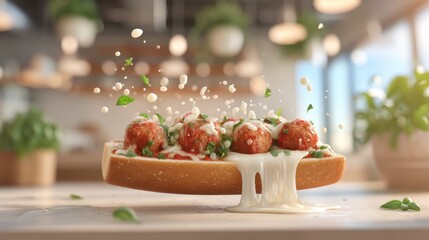 Floating meatball sub with melted mozzarella string splashes over a softly blurred sandwich shop background