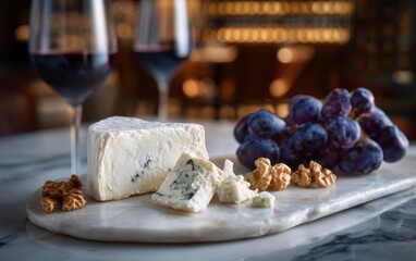 Gourmet cheese board with brie, blue cheddar, grapes and walnuts on a marble surface with softly blurred wine cellar background