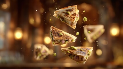 Floating quesadilla wedges with guacamole dollop splatters against a softly blurred Mexican cantina background