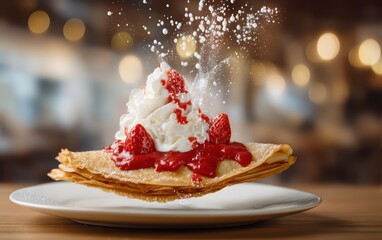 Hovering dessert crepe with strawberry coulis and whipped cream splatters on a softly blurred bistro interior background