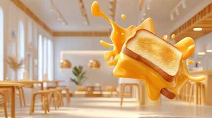 Hovering grilled cheese sandwich with tomato soup bursts over a softly blurred bistro interior backdrop