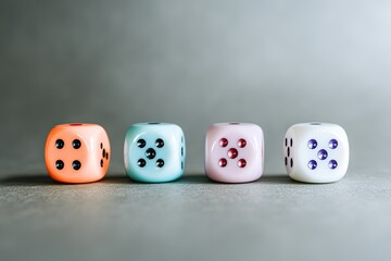 Four colorful dice in a row on a gray surface