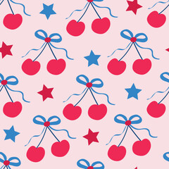 cute red cherries with American blue ribbons and stars seamless pattern. For Independence day print, fabric and textile