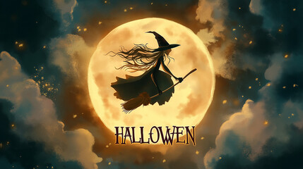 Silhouette of a witch flying on a broom against a glowing moon for halloween