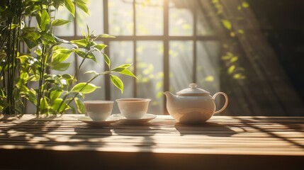 Chinese asian tea ceremony. Green tea in the teapot and small cups