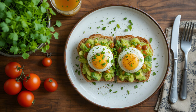 Top-down view of a healthy breakfast with avocado toast, poached eggs, cherry tomatoes, and microgreens on a ceramic plate — set on a rustic wooden table with natural morning light.