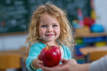Fototapeta premium A sweet little girl with curly blonde hair offers a shiny red apple to someone, standing in a classroom with a chalkboard in the background, smiling sweetly.