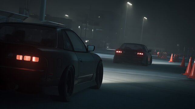 Drifting cars under the pale moonlight