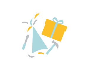 tools, birthday hat and gift box - yellow blue birthday concept