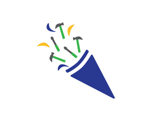 Blue confetti cone with Yellow and Blue confetti, screwdriver and hammer