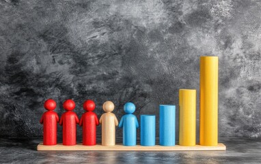Wooden figurines in various colors arranged alongside a bar graph, suggesting a rise in one area while others stagnate or decline
