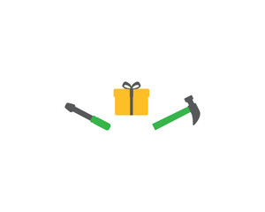 Yellow Gray gift box, hammer and screwdriver