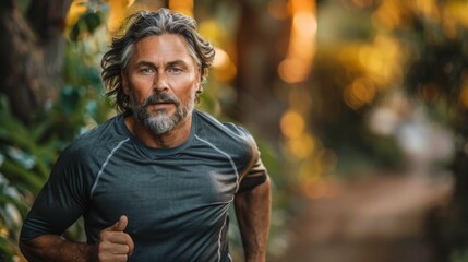 Obraz premium An athletic middle-aged man jogging effortlessly in a sunlit path, showcasing the vitality of fitness and an active lifestyle in a natural, inviting environment.