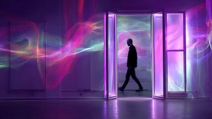 Fototapeta premium Illuminated passage with person in motion