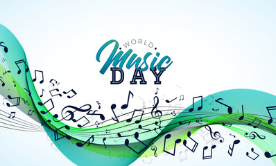 World Music Day Banner Illustration with Musical Notes and Typography Letter on White Background. Vector International June 21 Festival Design Template for Post Card, Greeting Card, Holiday Poster