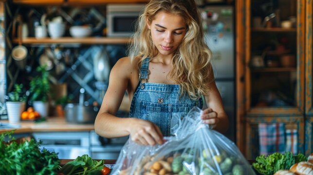 A young woman in stylish overalls is seen unpacking a bag of fresh vegetables in a bright kitchen, embodying healthy living and a connection to wholesome food preparation.