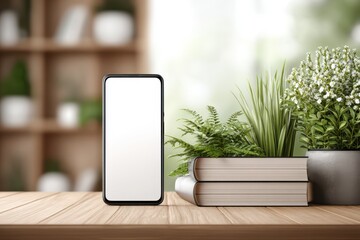 A mockup of a smartphone with a blank screen sitting on a wooden table, next to books and plants, creating a natural and inviting atmosphere.