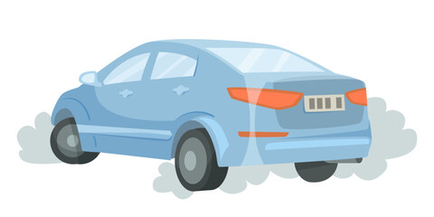 Blue car emitting smoke from exhaust on white background, flat cartoon style. Concept of air pollution, vehicle emissions, and noise impact. Vector illustration