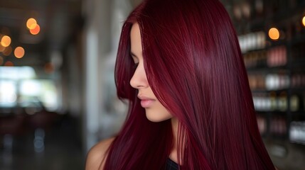 Glossy burgundy red straight hair flowing elegantly reflecting deep plum red undertones