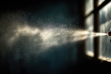 A close-up shot of a spray bottle emitting a fine mist against a window backdrop, with sunlight highlighting the droplets in sharp focus, revealing the particles.
