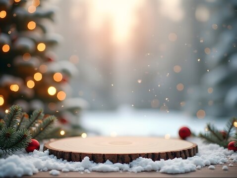 Christmas Wooden board empty table background. abstract blurred theme in winter background. Scandinavian panorama banner format