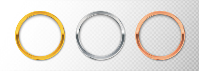 3d realistic vector icon illustration. Set of metallic circles in gold, silver and bronze