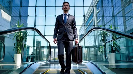 Professional businessman in elegant suit carrying briefcase walks up modern glass escalator in contemporary corporate office building. Executive demonstrates confidence, success, ambition in sleek