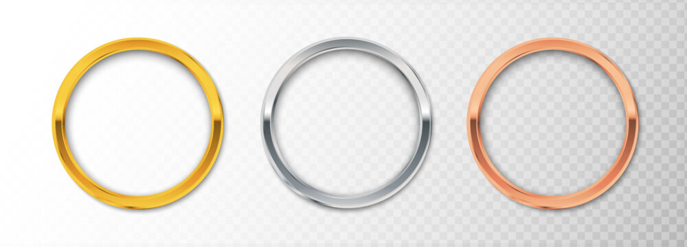 3d realistic vector icon illustration. Set of metallic circles in gold, silver and bronze