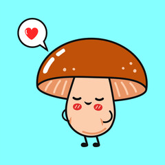 Cute Mushroom falling in love with heart shaped thought bubble on light blue background