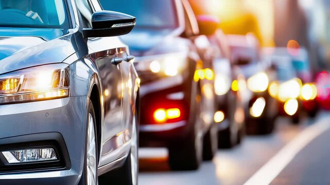 Urban traffic congestion with cars lined up on city street during rush hour. Silver sedan in foreground with blurred vehicles, glowing headlights, taillights in background. Evening commute scene