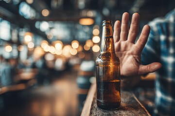 A person refuses alcohol with a hand gesture, showing a stop to drinking beer and alcoholic beverages, in a warm lit bar with defocused lights in the background.