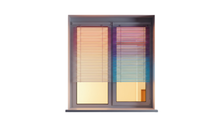 Modern double window with closed colorful blinds on white background
