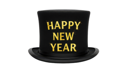 Black top hat with yellow "Happy New Year" text isolated on white