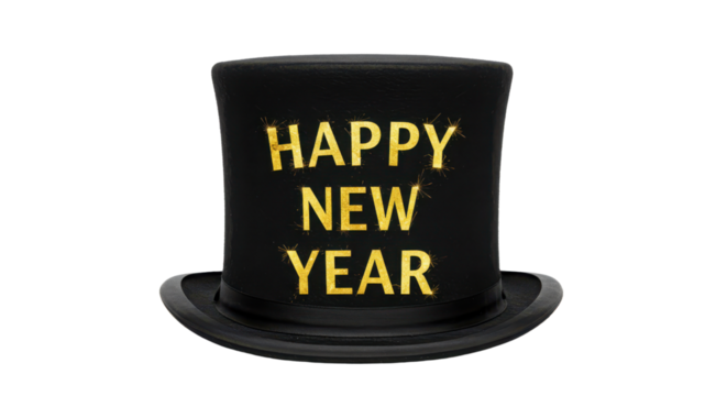 Happy New Year greeting on a black top hat isolated PNG with Transparent Background