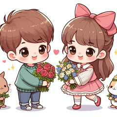 Cute couple cartoon vector boy giving flower to girl
