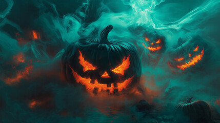 Fototapeta premium Spooky halloween scene featuring glowing jack o lanterns eerily surrounded by smoke