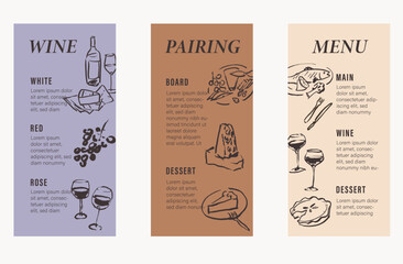 Cafe menu templates with hand drawn graphic elements, brush line art food illustrations, wine and charcuterie drawings, main course and dessert