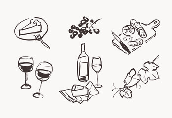 Brush line art food illustrations, wine sketched drawings, hand drawn graphic elements 