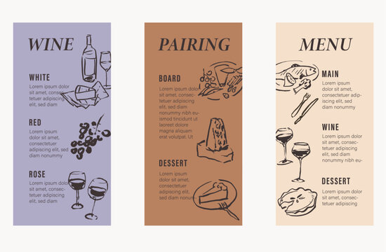 Cafe menu templates with hand drawn graphic elements, brush line art food illustrations, wine and charcuterie drawings, main course and dessert