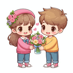 Cute couple cartoon vector boy giving flower to girl