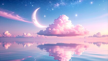 Crescent Moon with Pink Cloudscape, and Reflection.