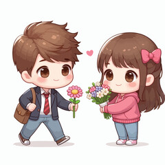 Cute couple cartoon vector boy giving flower to girl