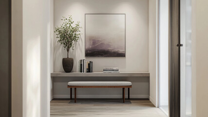a close up of the elements on the console table like books, art, hanging plants,modern entryway with a close up of minimalist console table,grey and white and purple soft natural light,layered texture