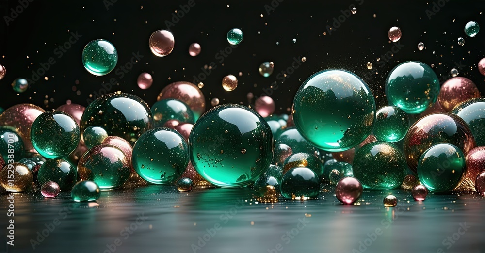 Aufkleber colorful spheres float, reflect light. dark background emphasizes glossy surfaces, creating vibrant 