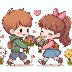 Cute couple cartoon vector boy giving flower to girl