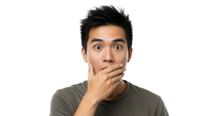 Surprised young man covering mouth with hand on white background