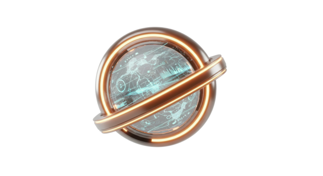 Futuristic 3D Digital Planet Icon with Glowing Neon Orange Ring isolated on white