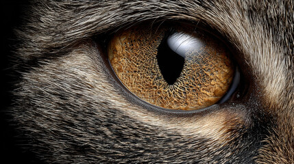Close-up of cat's eye with detailed brown iris and fur texture