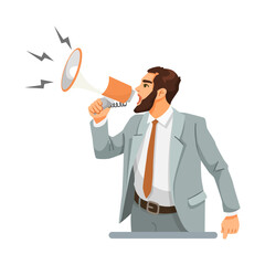 Businessman in suit shouting through megaphone with sound waves, flat graphic style on white background. Concept of noise pollution. Vector illustration