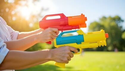 Two children playing with colorful water guns in sunny park  